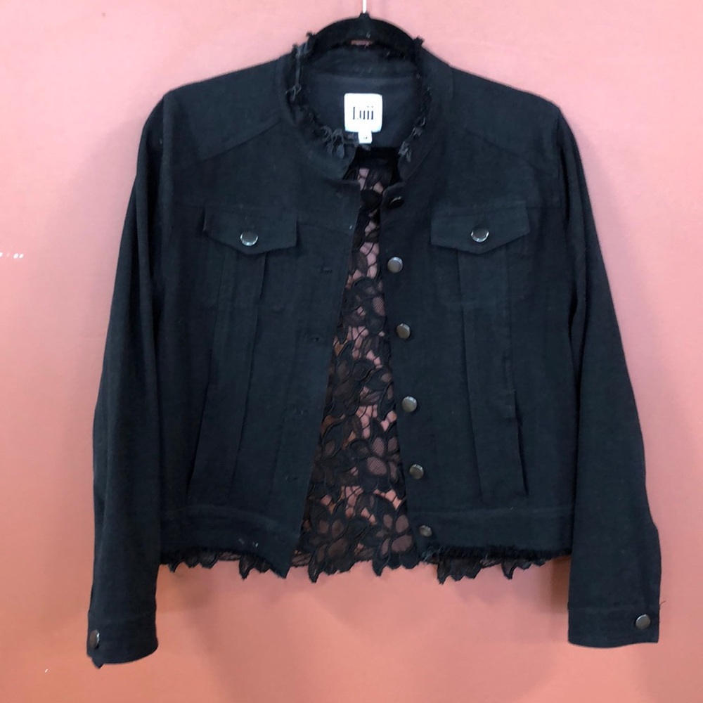 Luii | Black denim front black floral unique beautiful Lace back Jacket | Size M